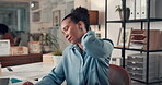 Business, woman and massage neck pain in office from bad posture, muscle strain and burnout. Accountant, discomfort and shoulder injury with joint sprain, overworked employee and inflammation relief