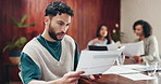 Documents, tablet and businessman in office with finance reports for company budget plan meeting. Paperwork, digital technology and male financial manager with investment proposal in workplace.