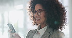 Laugh, phone and businesswoman in office with communication, networking or social media. Happy, tech and female corporate employee with cellphone for contact with joke on mobile app in workplace.