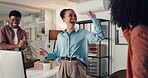 Applause, team and high five with people in office with achievement, deal and computer. Bonus, target and winner with employee group with congratulations for milestone celebration, goals or promotion