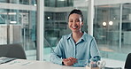 Happy, portrait and woman in office for consultation, planning and review for business. Smile, consultant and female person in workplace for administration, client support and advice in company.