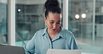 Laptop, documents and research with business woman in office for planning, account manager or night. Portfolio growth, investment deadline and admin with person in financial firm for budget review