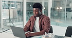 Laptop, typing and night with business black man in office for planning, account manager or graph. Portfolio growth, investment deadline and admin with person in financial firm for budget review