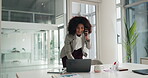 Happy, employee and woman with laptop, phone call or communication with contact for financial advice. Corporate, wealth manager and consultation for investment opportunity, talk and tech in business