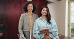 Smile, tablet and face of business women in office with confidence for teamwork on creative project. File, digital technology and portrait of magazine editors with pride for career in workplace.