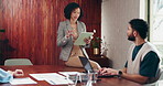 Business, presentation and woman in workplace, tablet and conversation with creative agency. Employees, presenter and sales team in meeting, tech and review profit with feedback, choice or discussion