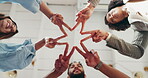 Low angle, business people and hands with star for support, solidarity or synergy in office for collaboration. Team, huddle and mission with employees for goal, peace sign or cooperation at workplace