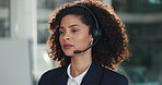 Talking, office and woman on computer in call center for consulting, online help and crm support. Business, communication and person with headset for customer service, virtual assistance and contact