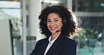 Happy, office and face of woman in call center for consulting, online help and crm support. Business, about us and portrait of person with headset for customer service, virtual assistance and contact