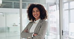 Happy, crossed arms and face of business woman with confidence, laugh and smile for about us. Corporate, professional and portrait of person with pride for finance career, consultant job and ambition