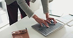 Hands, laptop and business woman for finance report, accounting or budget planning for payroll. Corporate, professional and person typing on computer for financial review, company revenue or proposal