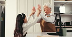 Grandmother, grandchild and high five with support in home for development, success or bonding. Happy family, senior woman and girl with celebration for childhood milestone, connection or achievement