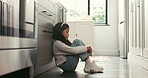 Girl, child and sad on floor in home, kitchen and depression with social isolation, anxiety or stress. Kid, alone and mental health with abuse, frustrated or thinking with reflection at apartment