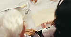 Baking, hands of grandmother and grandchild with rolling pin in home for learning, dough and how to. Family, senior woman and girl with pastry preparation from above for cookies recipe or development