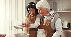 Baking, teaching and child with grandmother in kitchen for bonding, fun or development together. Happy, flour and girl kid helping senior woman with preparing dessert, cake or cookies in home.