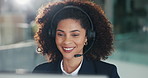 Talking, office and woman with headset in call center for consulting, online help and crm support. Business, communication and person on computer for customer service, virtual assistance and contact