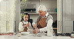 Baking, learning and kid with grandma in kitchen for bonding, fun or development together. Happy, flour and girl child helping senior woman in retirement with preparing dessert or cake in home.