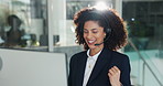 Success, office and woman on computer in call center for consulting, online sales and telemarketing. Business, celebrate and person with headset for lead generation, communication and crm target
