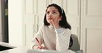 Thinking, education and kid with homework in house for learning, knowledge or development. Ideas, answers and girl child student writing for studying with school exam, assignment or test in apartment
