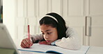 Child, student and bored with writing in house, tablet for online education or tired with book. Assessment,  homework or girl studying for virtual learning fatigue, lazy or unhappy with coursework