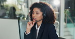 Contact, office and woman on computer in call center for consulting, online help and crm support. Business, communication and person with headset for customer service, virtual assistance and talking