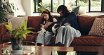 Mom, girl and cat on sofa with smile, care and play with love, bonding or connection at home. People, mother and daughter in living room for pet animal, stroke and relax on couch at family house