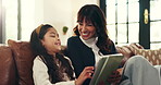 Mom, girl and tablet on sofa with laugh, game or click for online contest, love and bonding in lounge. People, mother and daughter with tech, excited and solution for puzzle on app at family home