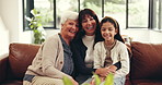 Face, grandmother and mama with girl, relax and bonding together with happiness in lounge. Home, generations and family on couch, comfort and love with humor, funny and parent with smile or embrace
