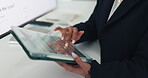 Hands, business and woman on stylus in office for research, incident report and compliance form. Person, computer and tablet for verify insurance claim, risk assessment and policy coverage for client
