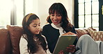 Mom, girl and tablet on sofa with talk, explain and listen for tips, smile and education in living room. People, mother and daughter with tech, attention or solution on e learning app at family home