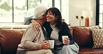 Home, hug and mother with adult daughter, love and bonding together in living room. Apartment, family and parent on couch, support and embrace with happiness, care and trust with coffee and smile
