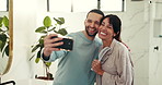 Selfie, smile and couple in bathroom, hygiene and bonding together with memory, humor and morning. Home, happy people and man with woman, cleaning and profile picture with relationship and grooming
