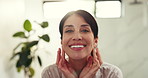 Skincare, happy and face of woman in bathroom with health, wellness and morning routine. Cosmetics, smile and portrait of mature female person with facial dermatology for anti aging in apartment.