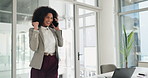 Laughing, employee and woman with success, phone call or happiness for achievement or communication. Corporate, wealth manager and consultation for investment opportunity, celebration and excited