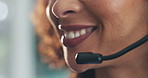 Mouth, headset and smile at call center for legal aid, consulting and advisory services at office. Person, agent and discussion with voip mic, solution and problem solving with contact at law firm