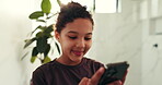 Social media, laugh or kid with phone in bathroom, funny video or play games on digital app. Streaming, scroll or girl smile with screen time on mobile, online meme or watch cartoon for entertainment