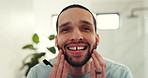 Face, beard grooming and man in bathroom, smile and confidence with facial beauty. Home, skincare and happy person with wellness, hygiene and hair inspection with texture, checking growth and pride