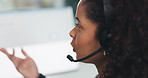 Woman, headset and explain at call center for legal advice, consulting or advisory job at office. Person, agent and discussion with voip mic with smile, solution and computer with contact at law firm