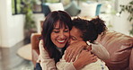 Love, happy mother and hug kid in home for care, support and bonding together with parent. Smile, mom and embrace girl child in lounge for family connection, trust and security with foster daughter