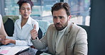 Businessman, meeting and talk with charts, documents and financial review with team in boardroom. Person, group and paperwork with feedback, discussion and graphs with solution at investment agency