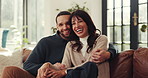 Happy, hug and face of couple on sofa in home with love, bonding and connection together. Smile, marriage and portrait of man embracing woman with care in living room on weekend morning in apartment.