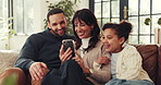 Mobile, parents and child in family home for funny meme, bonding or talking together. Mother, father and girl in living room with phone to show video online, comedy and laughing with foster daughter