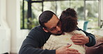 Hug, love and father with child on sofa of home for empathy, bonding and safety together. Support, trust and connection with man and kid on living room of family house for protection, help and care