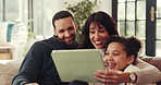 Tablet, parents and kid in family home for funny meme, bonding and talking. Mother, father and girl in living room with tech for video on internet, learning and laughing with foster daughter for chat