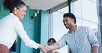Man, woman and happy with handshake at meeting for hiring, success and applause for goals at office. Business people, shaking hands and team with support, b2b collaboration or agreement in boardroom