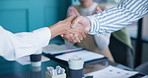 Shaking hands, success and applause at meeting with team, goals and congratulations with praise at office. Business people, handshake and deal with support, b2b collaboration or thanks in boardroom