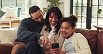 Phone, parents and child in family home for funny meme, bonding or talking. Mother, father and girl in living room with mobile for video on internet, comedy cartoon and laughing with foster daughter
