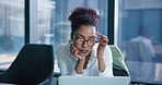 Business, scratching head and woman with laptop, thinking and online reading with problem solving. Person, employee and consultant in workplace, decision and planning with choice, email and eyewear