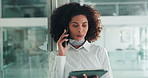 Business woman, phone call and tablet for planning, communication or contact for project feedback. Networking, connection and professional female person in office with chat, email or report review
