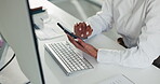 Hands, business woman and browsing with phone for trading news, stock market app or research. Above, professional trader and tech in office for investment profile, currency update and communication